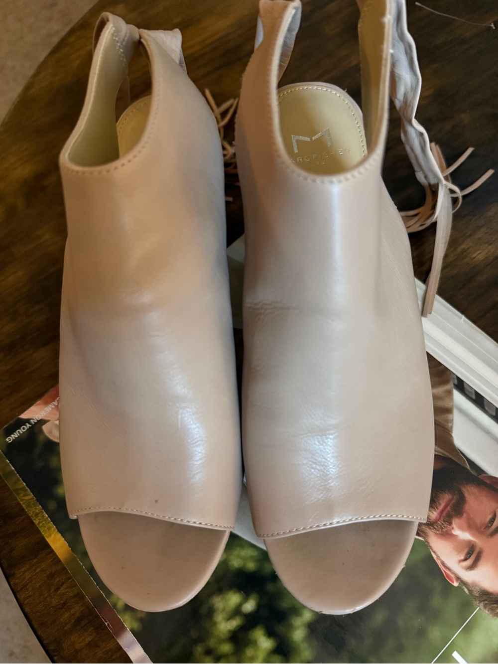 Marc Fisher Cream Leather Peep-Toe Tassel Slingback Wedges